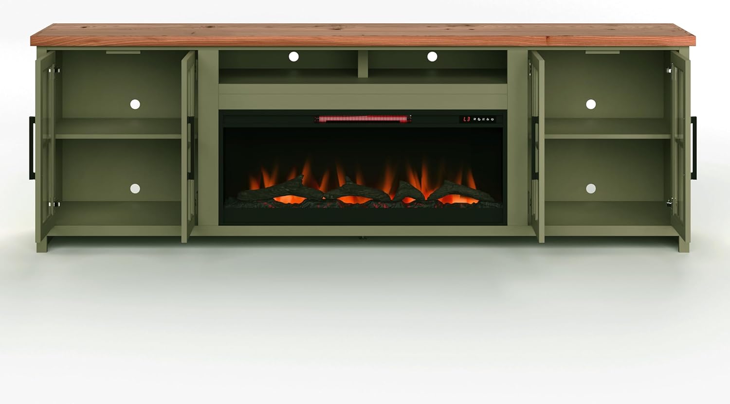 Bridgevine Home Vineyard 97 inch Fireplace TV Stand Console for TVs up to 100 inches, Minimal Assembly, Sage Green and Fruitwood Finish