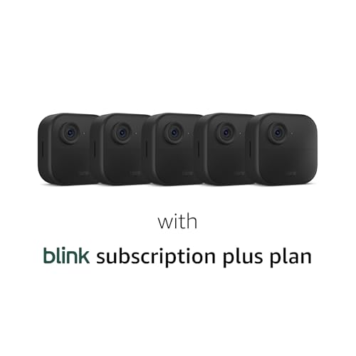 Blink Outdoor 4 (newest model), Wire-free smart security camera, two-year battery life, two-way audio, HD live view, enhanced motion detection, Works with Alexa – 5 camera system