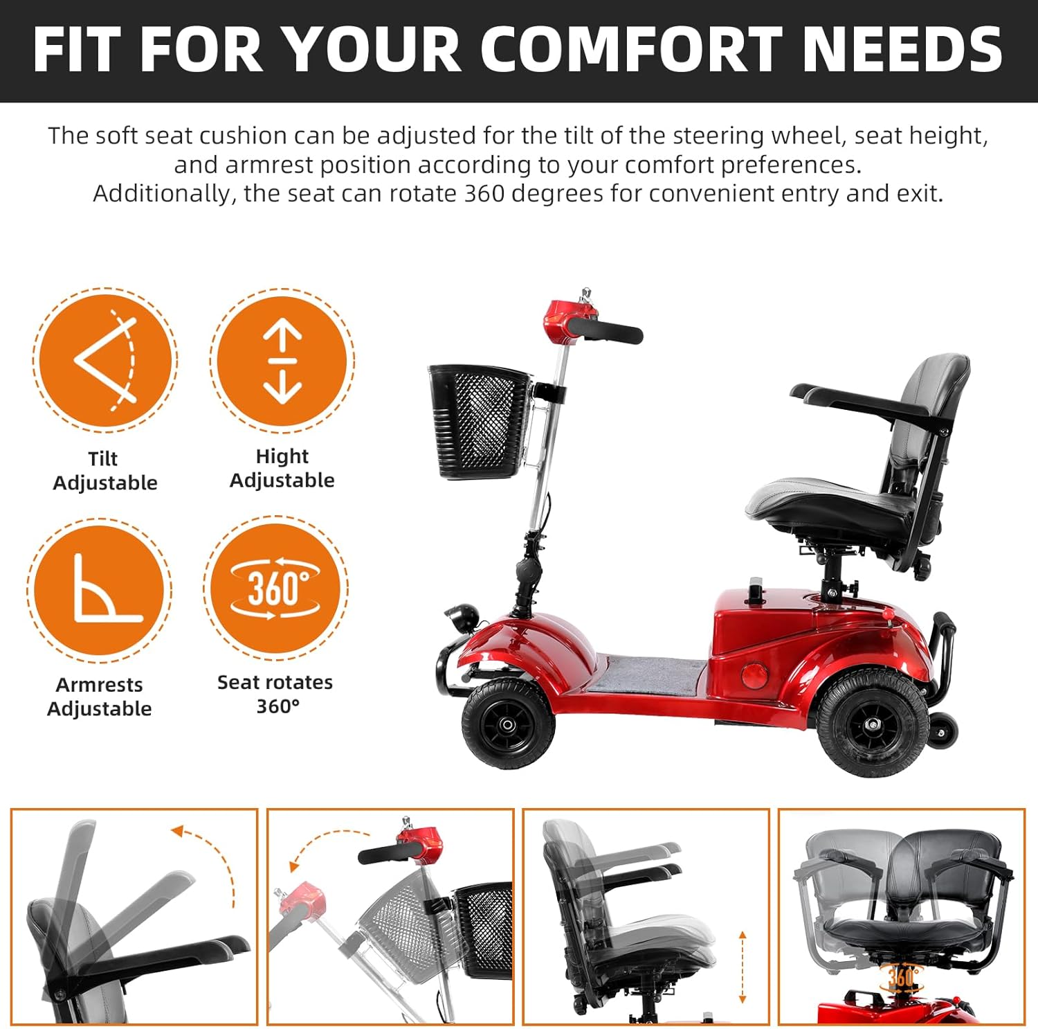 4 Wheel Mobility Scooter | Foldable and Portable Electric Scooter with Basket and Light | Compact Mobility Device Perfect for Adults, Elderly, and Travel, Red