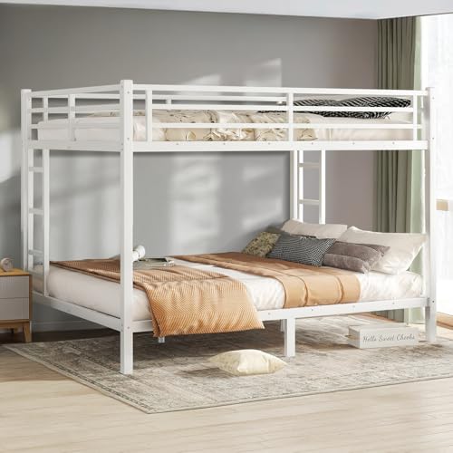 Twin XL Over Twin XL Bunk Bed, Metal Bunk Bed Frame Heavy Duty Bunk Beds Loft Bed Frame with Ladder and Guardrail Metal Slats No Box Spring Required for Adults Teens, Black