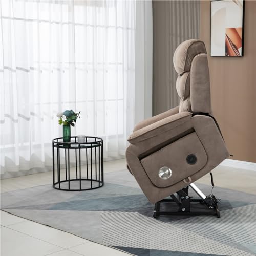 Light Grey Recliner Chair for Elderly | Tall and Big Man 400lbs | Chenille | Power Lift, Lay Flat, Stand Up, Wireless Charging Device, Extended Footrest, Massage Heat, Cup Holder, Lumbar Pillow