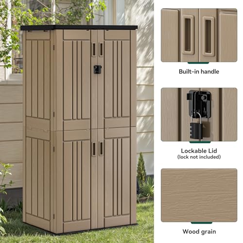 YITAHOME Outdoor Storage Cabinet with 2 Shelves, Waterproof Resin Horizontal Tool Shed, Lockable 15 cu. ft. Storage Shed for Patio, Garden, Yard, Dark Gray