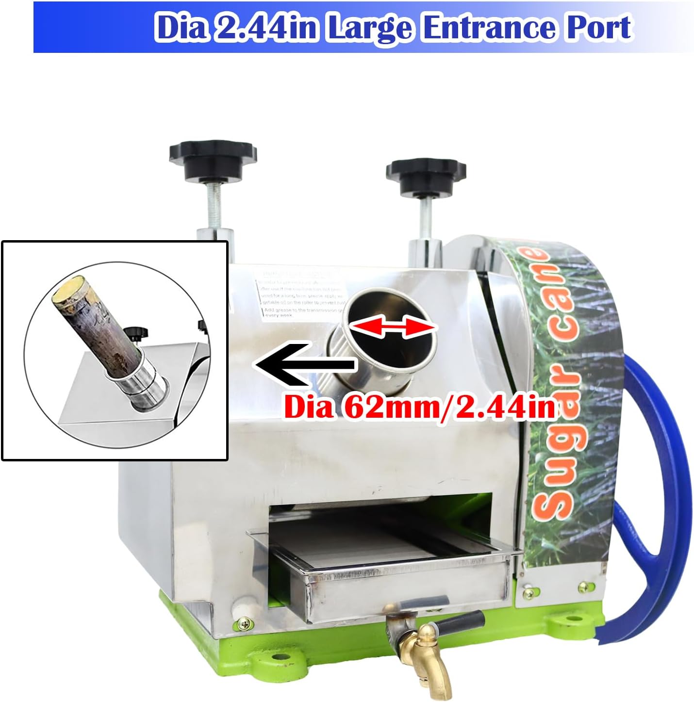 INTBUYING Manual Sugarcane Juicer Sugarcane Press Machine Sugarcane Juice Extractor W/3 Rollers for Sugar Cane Squeezer Juicer Machine 2 Paring Knives Stainless Steel Filter Faucet Handwheel