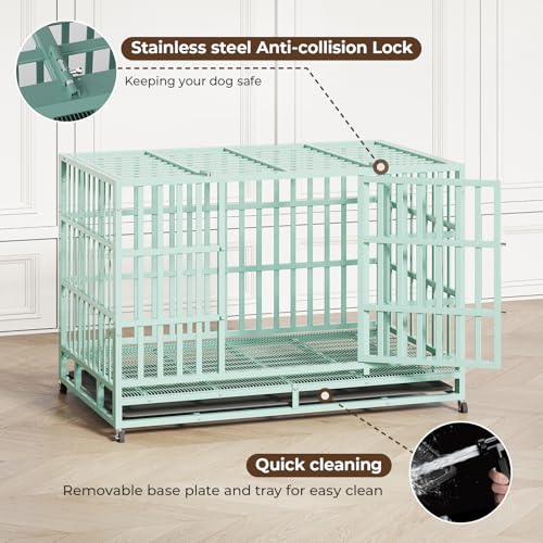 48 Inch Heavy Duty Indestructible Dog Crate Steel Escape Proof, Indoor Double Door High Anxiety Cage, Kennel with Wheels, Removable Tray, Extra Large XL XXL
