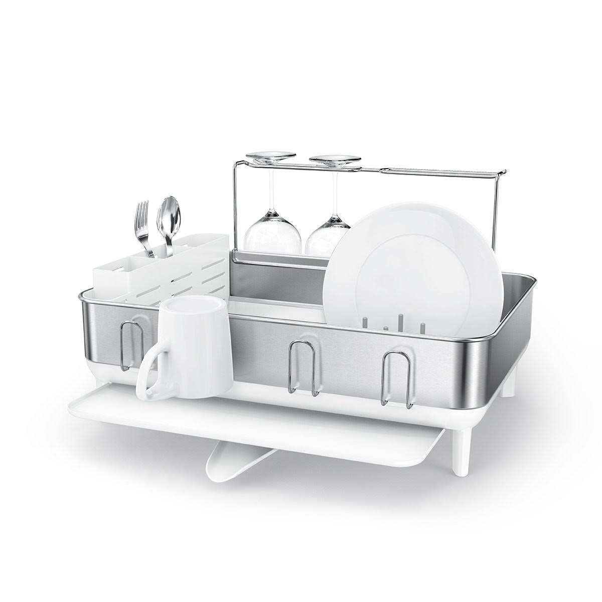 simplehuman Dish Drying Rack with Wine Glass Holder, Steel Frame - White