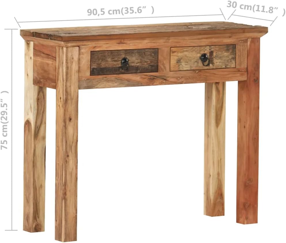 vidaXL - Rectangular Console Table Crafted with Solid Acacia Wood and Reclaimed Wood - Rustic Brown Hall Table with 2 Drawers - Farmhouse Wood Table - 35.6"x11.8"x29.5" - Unique Interior Decor