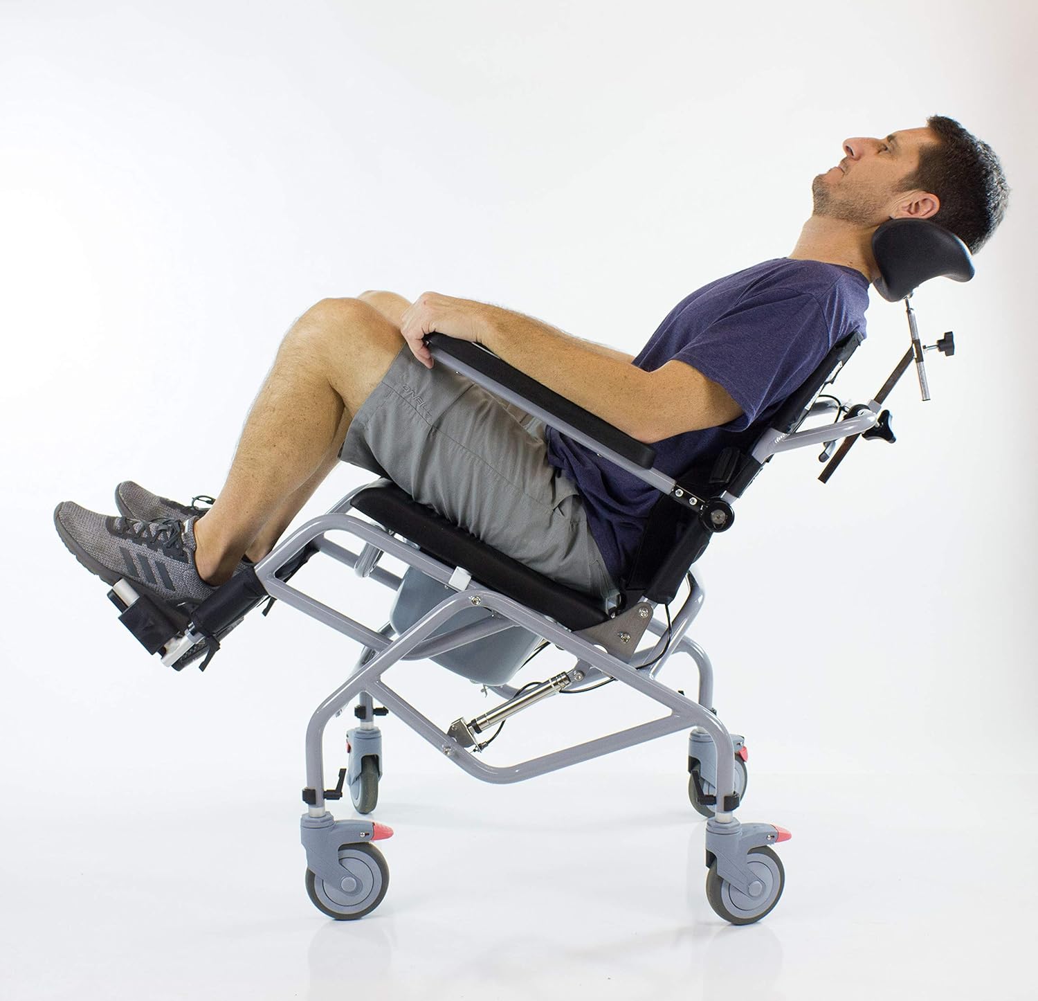Professional Tilt-in-Space Reclining Shower/Commode Chair. Padded. Flip-up Arm and Foot Rests. Includes Locking Casters, Commode Pail and Adjustable Headrest. Total-Care 3-in-1 Multifunction Chair.