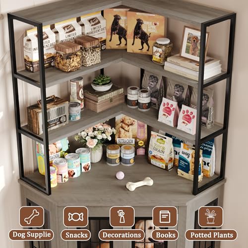 Corner Dog Crate Furniture with Storage, Decorative Large Dog Kennel Indoor Furniture with Double Doors, 2 Safety Locks, 4-Tier Shelves, Large Dog Cage Furniture for Medium and Big Dogs