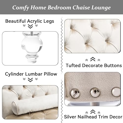 White Faux Fur Chaise Lounge Chair Indoor for Living Room Bedroom, Armless Upholstered Lounge Chair with Clear Legs & Rivet Decor, Indoor Sleeper Chair Curved Cushion Fabric Chairs