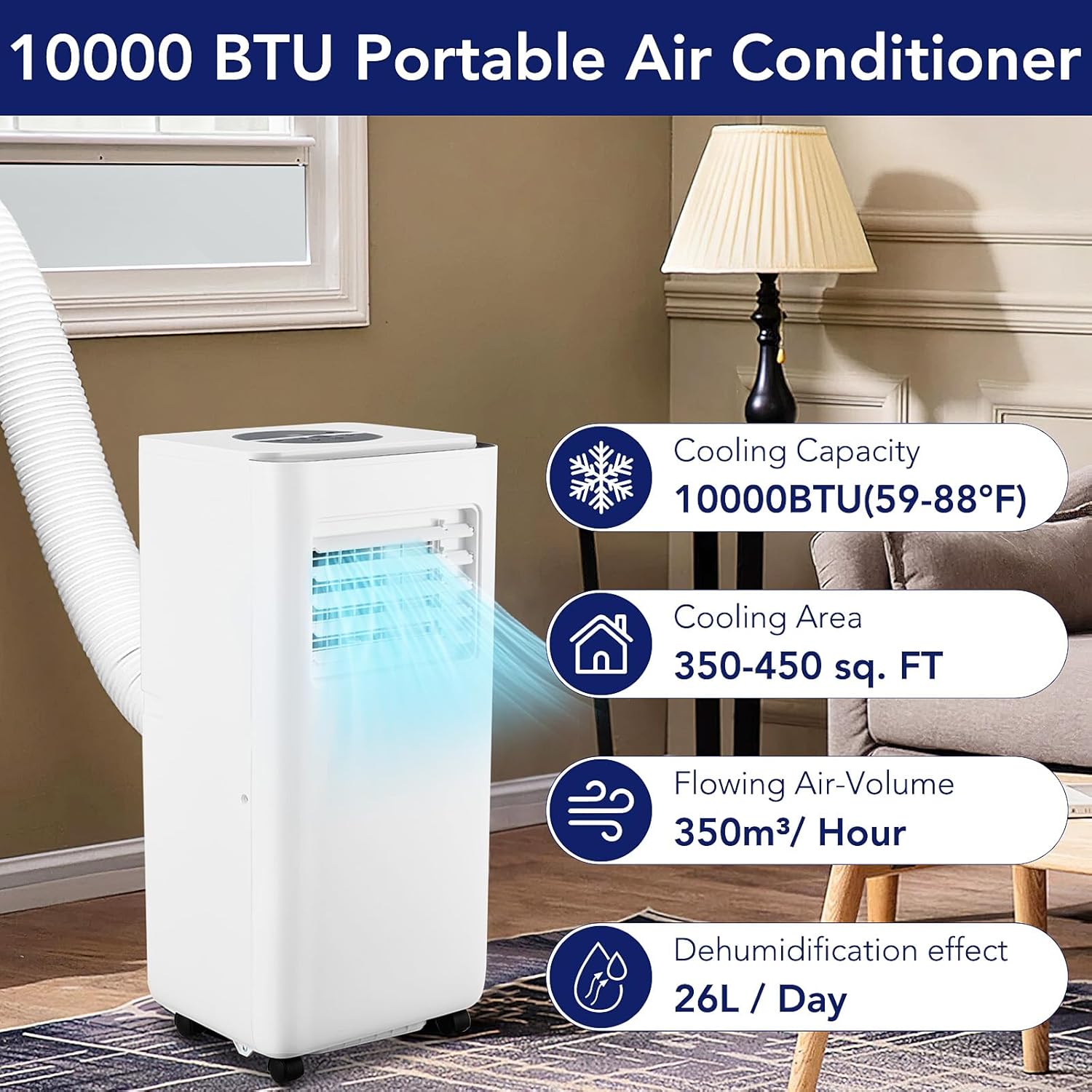 Portable Air Conditioner 10,000 BTU, Powerful Cooling up to 450 Sq.Ft, 3-in-1 AC Unit with Dehumidifier & Fan Mode - Efficient Energy Saving, Ultra-Quiet, Remote Control For Home, Office, School