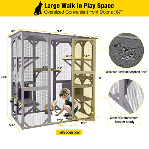 Aivituvin Catio Outdoor Cat Enclosure Large Cat House for Mulitiple Cats Walk in Cat Cage with Tarp Roof 70"