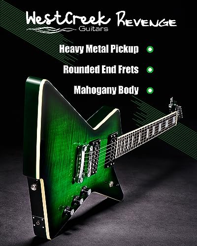 WestCreek Revenge Solid Body Electric Guitar, Heavy Metal Guitar, Right Handed, Heavy Metal Pickups, Rounded End Jumbo Frets, Bone nut, Rosewood Fretboard, Mahogany Body (Blue Yellow Gradient)