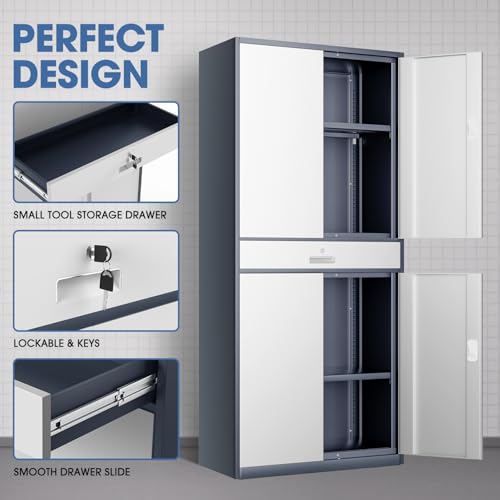 DNA MOTORING 71'' Metal Storage Cabinet, Locking Tool Cabinet with 1 Drawer and Adjustable Shelves, Lockable Heavy Duty Metal Locker for Garage,Office,Home,Gym, Gray, TOOLS-00629-GY-GY-A