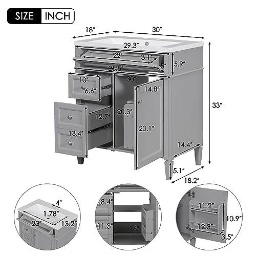 30inch Bathroom Vanity with Sink,Freestanding Bathroom Cabinet with 2 Drawers and a Tip-Out Drawer,Single Sink,Easy Assmebly,Vanity Sinks for Bathrooms with Small Spaces(White)