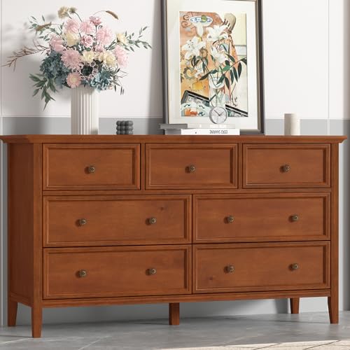 IKENO White 7 Drawer Dresser for Bedroom, Modern Solid Wood Large Storage Cabinet, Simple White Chest of Drawer for Bedroom Living Room Hallway Entryway (White)