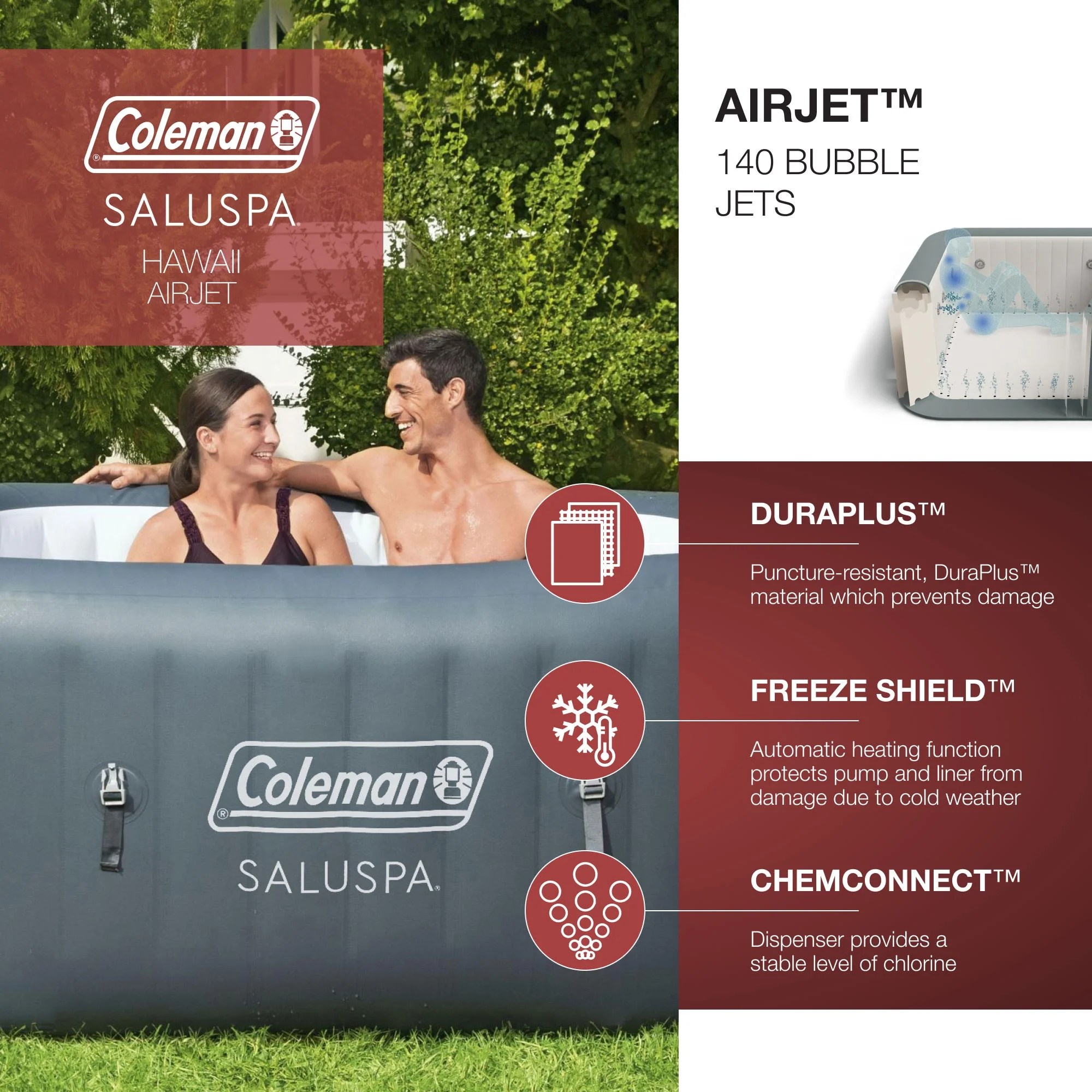 Coleman SaluSpa 4 Person Inflatable Hot Tub w/ EZ Spa Water Treatment Blend