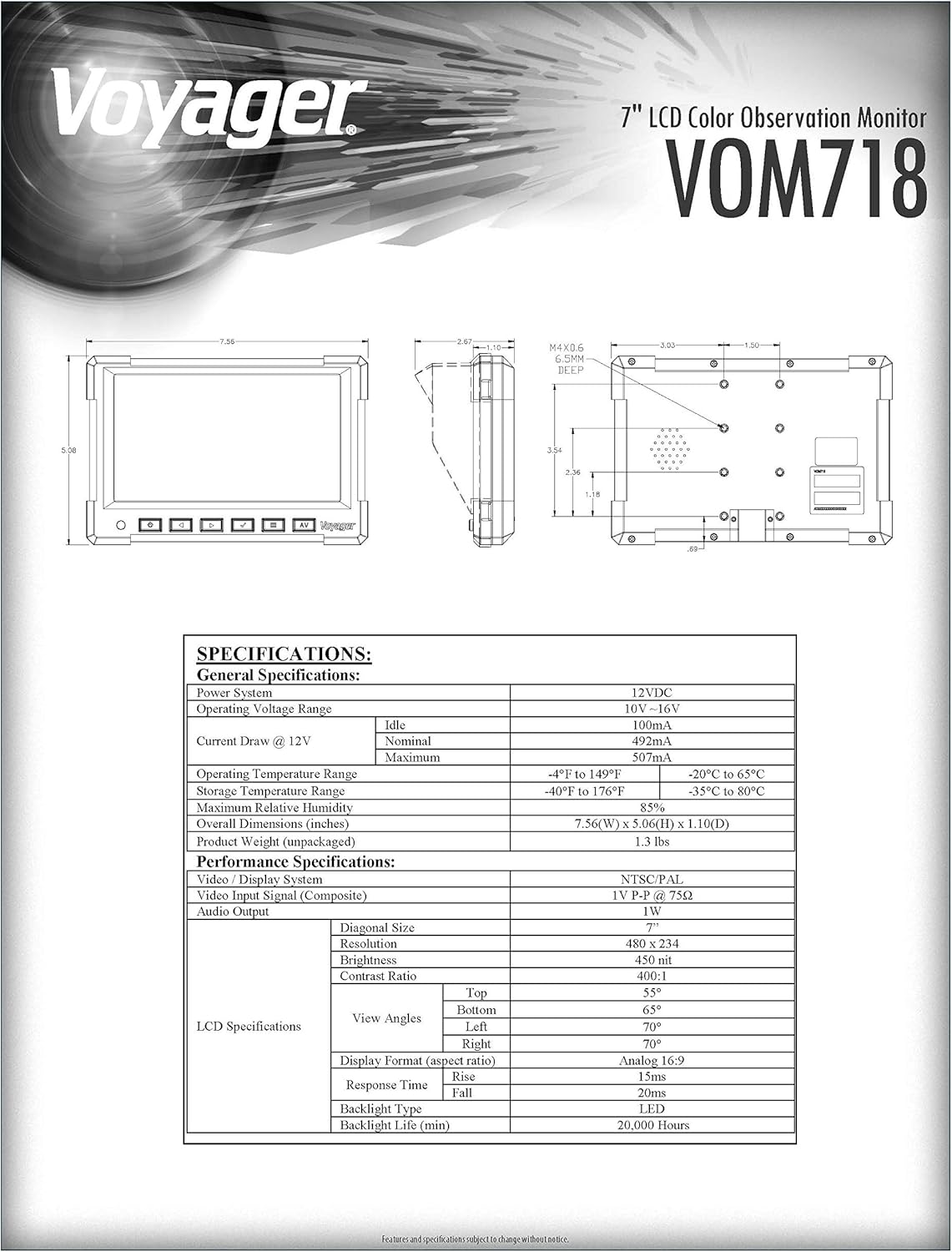 Voyager VOM718 7" LCD Color Backup Rear View Vehicle Observation Monitor w/ 3 Camera Inputs, Video for up to 3 Cameras (Cameras Sold Separately), NTSC/PAL Compatible, 12V - 24V Compatible