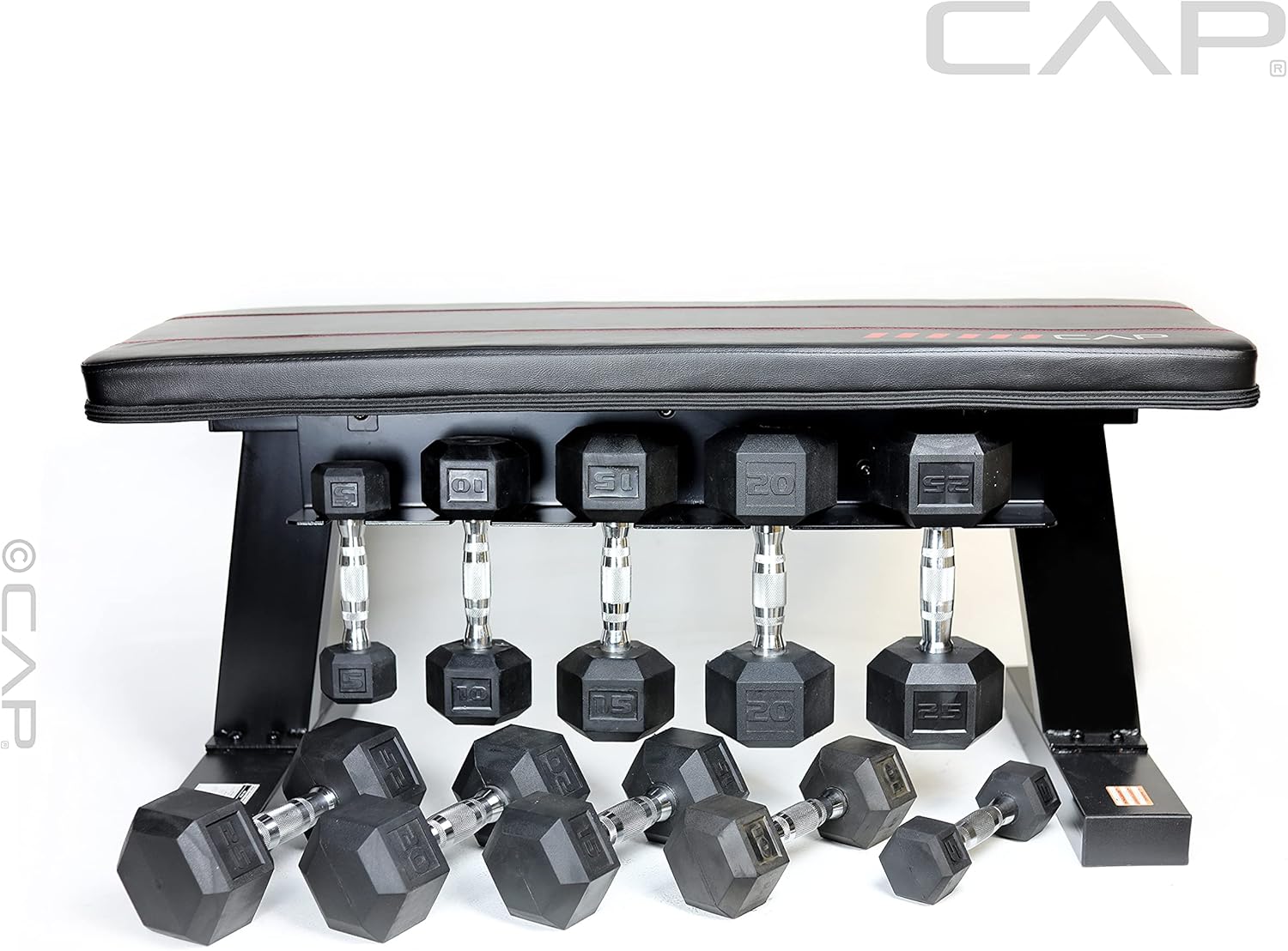 CAP Barbell Flat Bench with Dumbbell Storage and 150 lb Hex Coated Dumbbell Set