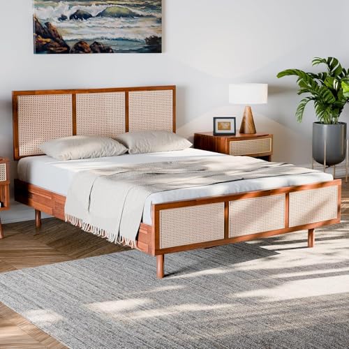 Bme Nancy Solid Acacia Wood Coffee Table for Living Room, Spacious Oval-Shaped 237 Lbs Top Capacity, Rattan Shelf Below, Mid Century, Rustic and Modern Style Living Room Furniture, Dark Chocolate