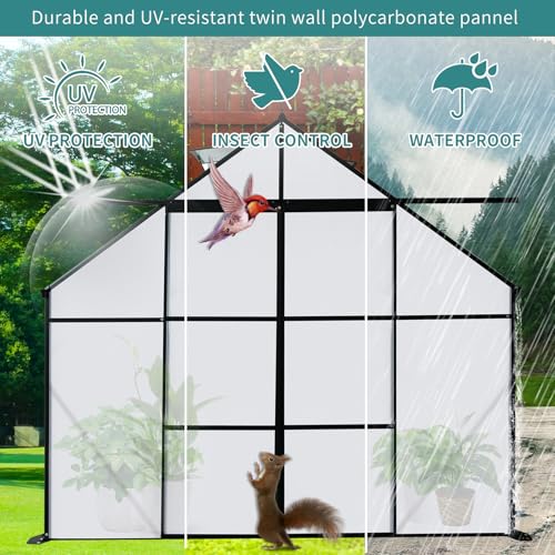 8x10FT Heavy-Duty Walk-in Greenhouse with Double Sliding Doors, Polycarbonate Panels, & Aluminum Frame, All-Season Outdoor Greenhouse with Adjustable Roof, Black