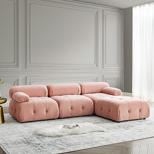 Sleeper Sofa couches Ottoman Cloud Couch Bed Loveseat Living Room Furniture Sturdy Solid Wood Frame Modular Sectional Comfortable Velvet Upholstery Button Tufted Design Pink