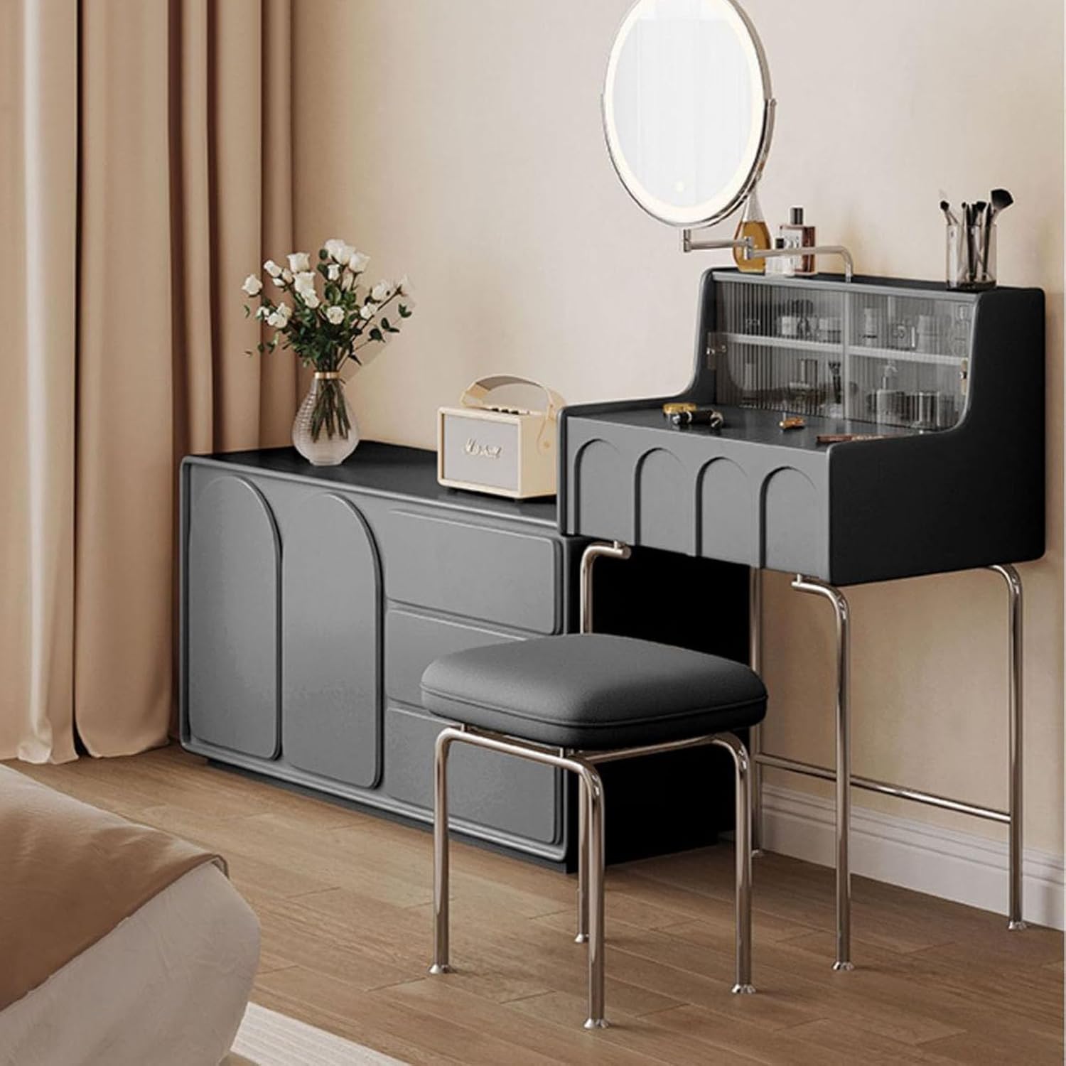 Small Vanity Desk Set with 3 Adjustable Lighted Mirror and Storage Shelf Black Tiny Vanity Table with Drawer for Bedroom Vanity Compact Dressing Table for Small Space
