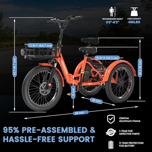 MOONCOOL Electric Tricycle for Adults, 500W/750W 48V 20" Folding Electric Trike Peak Power 1100W, 3 Wheels Electric Bicycle, Aluminum Frame Electric Tricycle with Large Basket and Removable Battery
