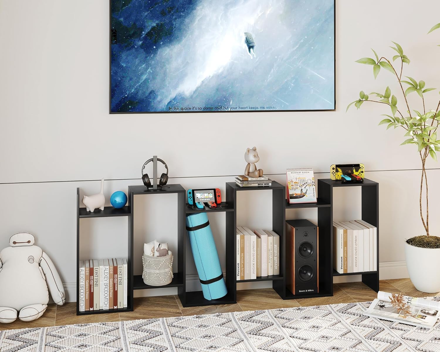 Yusong Bookshelf, Geometric Bookcase S Shaped Book Shelves Unit for Living Room, 6 Tier Tall Decorative Display Shelf for Bedroom, Study Room, Black
