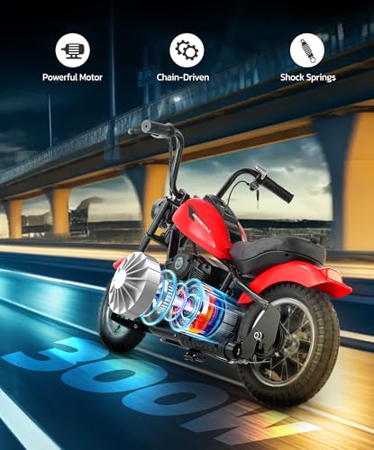 ELEMARA Electric Dirt Bike, 15 mph & 150lb Max, 24V Ride on Toy for Big Kids w/LED Lights & Power Display, Chain-Driven Motor, Twist-Grip Throttle, Shock Springs, Handbrake, 12" Air-Filled Tires-Black