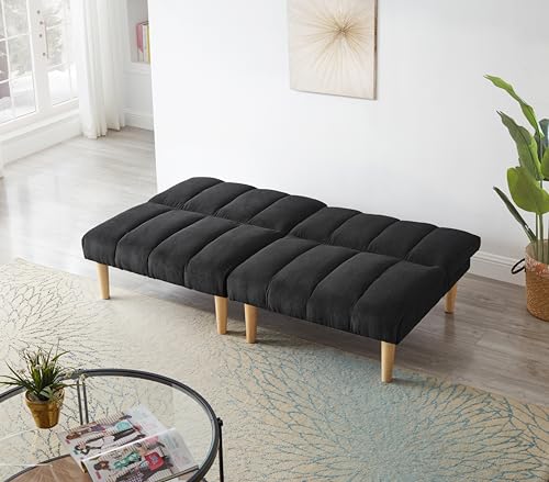 Convertible Futon Folding Sofa Bed, Modern Futon Sofa Bed with Corduroy Fabric & Wooden Legs, Loveseat Futon Couch with Adjustable Backrest for Living Room, Bedroom, Office (Blue)