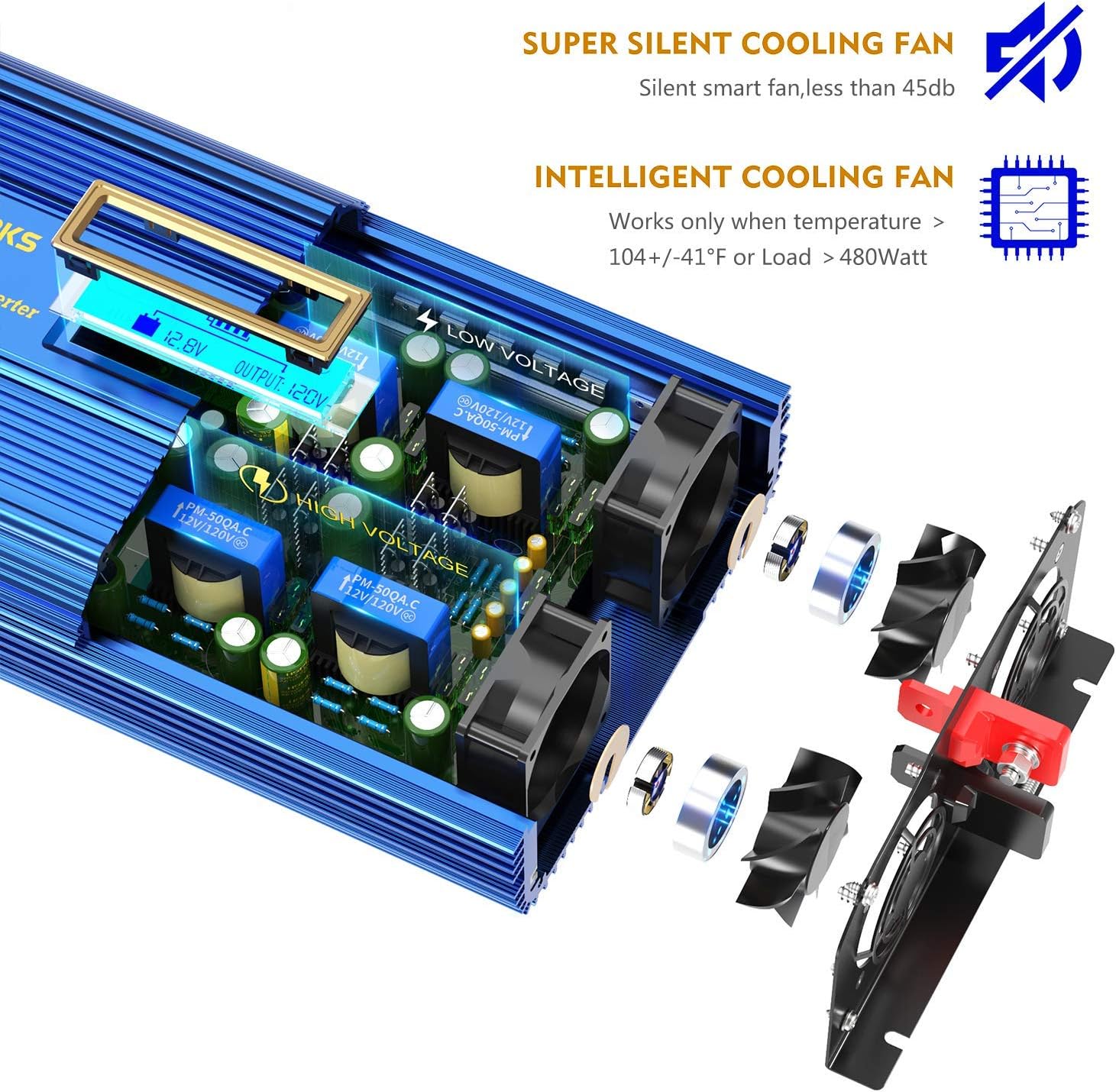 1500W Pure Sine Wave Power Inverter DC 12v to AC 110V-120V with Remote Control LCD Display and 2x2.4A Dual USB Ports 3 AC Outlets for Home RV Truck by VOLTWORKS