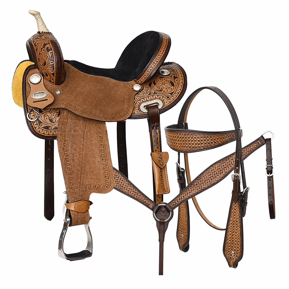 16ZI 17 In Comfytack Western Horse Barrel Racing Trail Pleasure  American Leather Saddle Tack Set With Reins Dark Brown