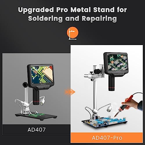 Andonstar AD407 3D HDMI Soldering Digital Microscope with Pro Metal Stand 4MP UHD and 7 inch Adjustable LCD Screen USB Video Microscopes for Phone Repairing SMT SMD DIY