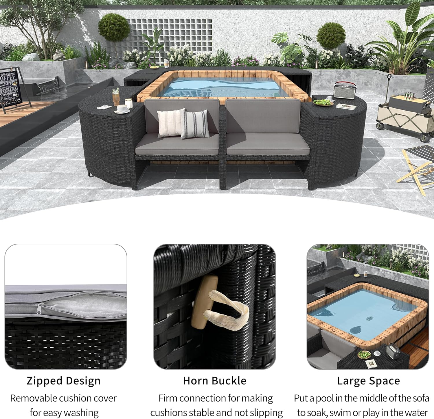 Quadrilateral Outdoor Rattan Sectional Sofa Mini Couch, Patio Conversation Sets with Wooden Seats and Storage Spaces, Spa Surround Frame for Gardern, Poolside, Gray