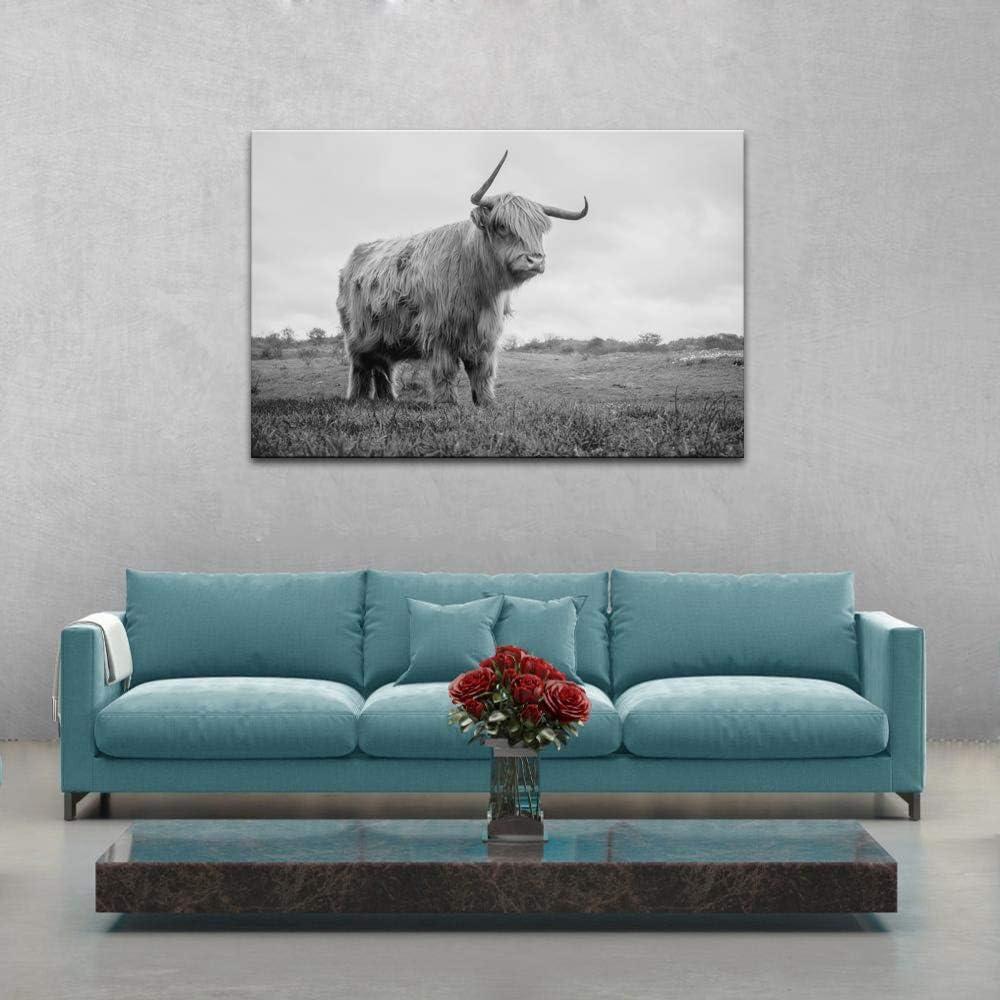 Artsbay Black and White Animal Canvas Wall Art Highland Cow Pictures Wall Decor Long Horn Cattle Wall Painting Prints Contemporary Artwork for Office Bedroom Framed