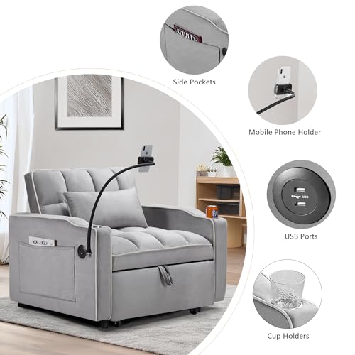 Setawix Convertible Chair Bed Sleeper, Tufted Velvet Pull Out Sleeper Chair with USB Ports & Phone Holder, Adjustable Backrest Armchair with Cup Holder Sofa Chair for Bedroom Living Room, Black