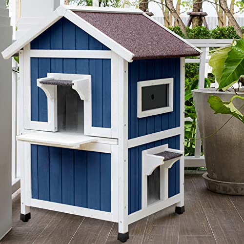 Rockever Outdoor Cat House, Large Outdoor Houses for Feral Cats Wooden Outside Cat Shelter Weatherproof with Escape Door