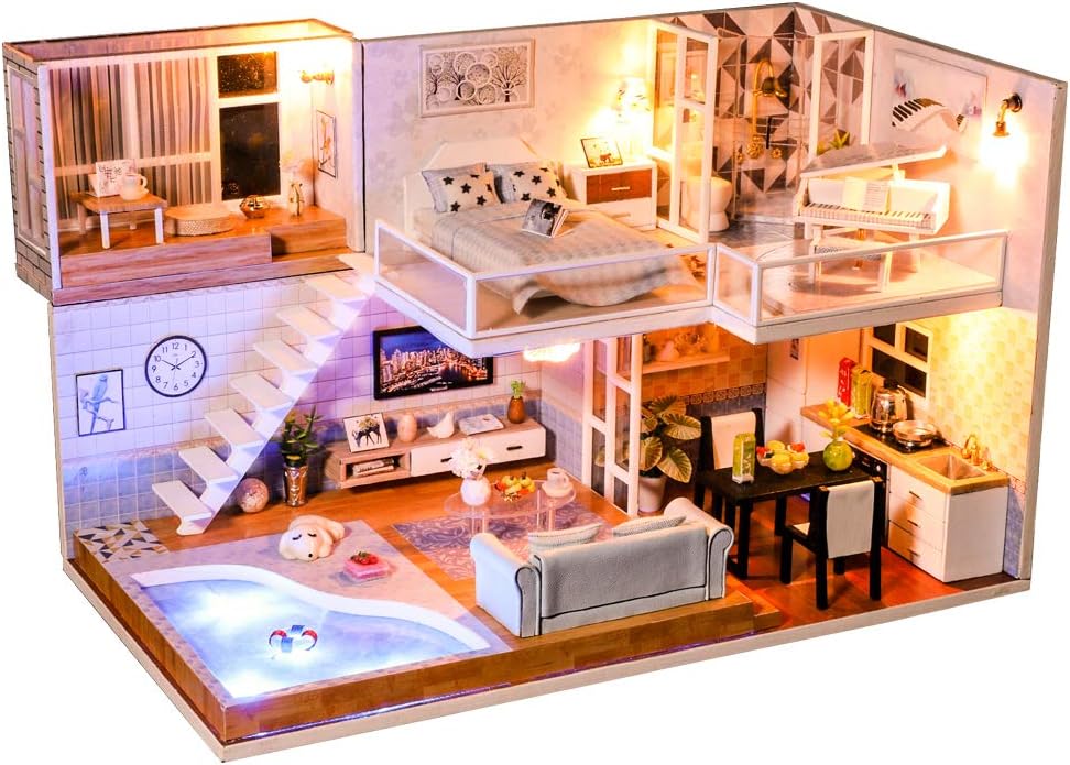 Dollhouse Miniature with Furniture, DIY Dollhouse Kit Plus Dust Proof and Music Movement, 1:24 Scale Creative Room for Valentine's Day Gift Idea
