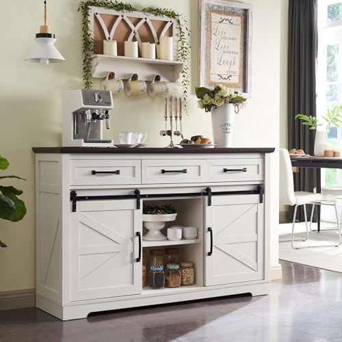 Farmhouse Buffet Cabinet with Storage, 53” Sideboard Cabinet w/2 Doors and 3 Drawers, Rustic Storage Cabinet w/Sliding Barn Door, Coffee Storage Cabinet for Dining Room, Living Room, Dark Grey