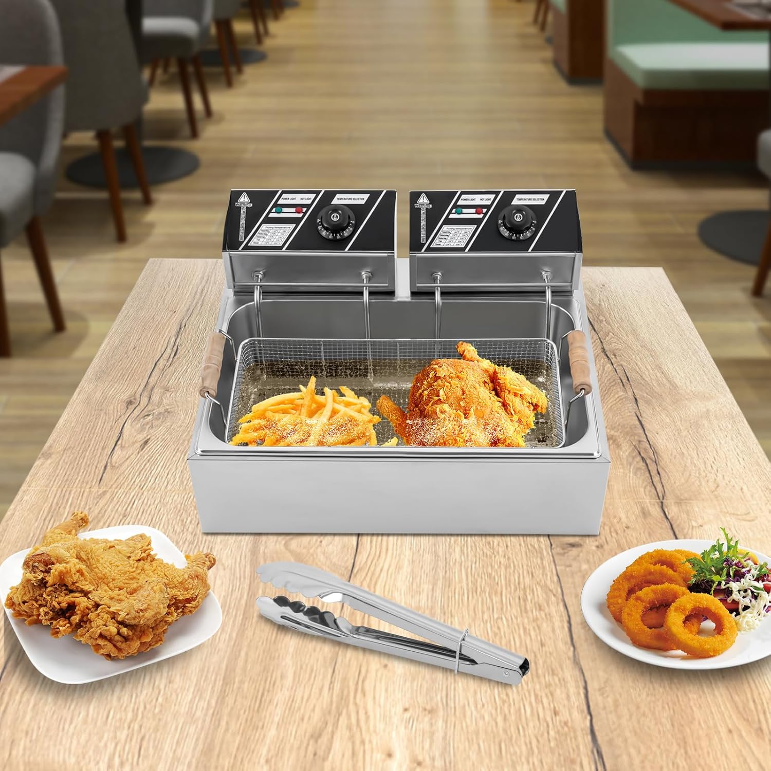 12L Electric Stainless Steel Deep Fryer with 1 Large and 2 Small Frying Baskets, 1.7KW+1.7KW 110V Countertop Deep Fryer Accurate Temperature Control Oil Fryer Kitchen Large-Capacity Frying Machine