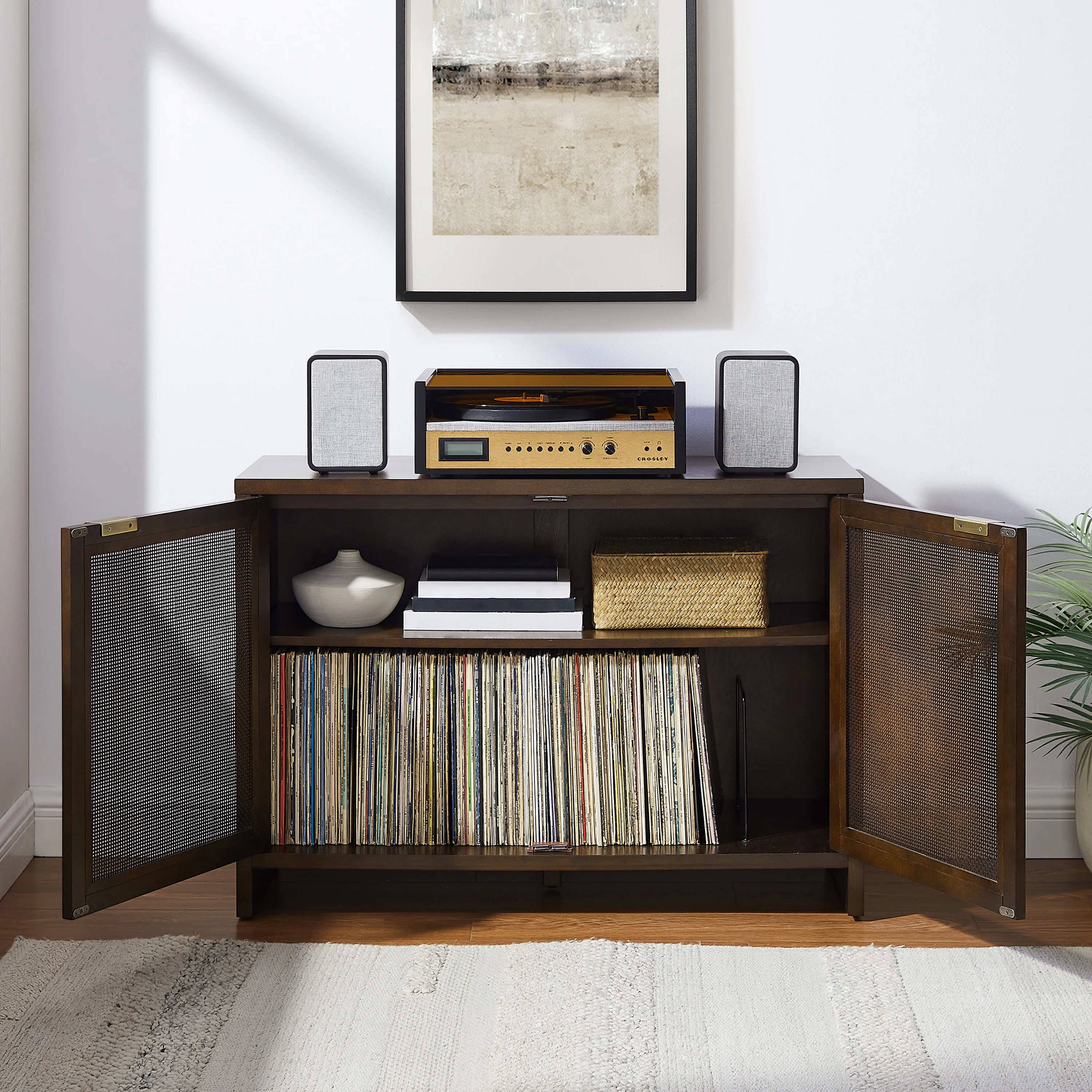 Crosley Furniture Kenji Media Console, Record Player Stand with Vinyl Storage, Modern Home Organizer