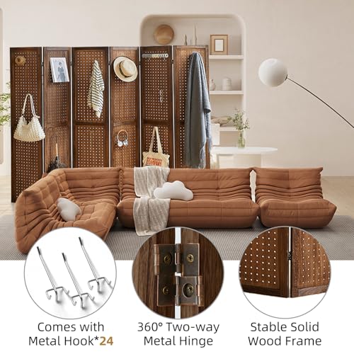 4 Panel Room Divider with Shelves, 5.6Ft Pegboard Display with 16 Hooks,Soild Wood Room Divider, Folding Privacy Screen, Freestanding Display for Hoom Store (Natural)
