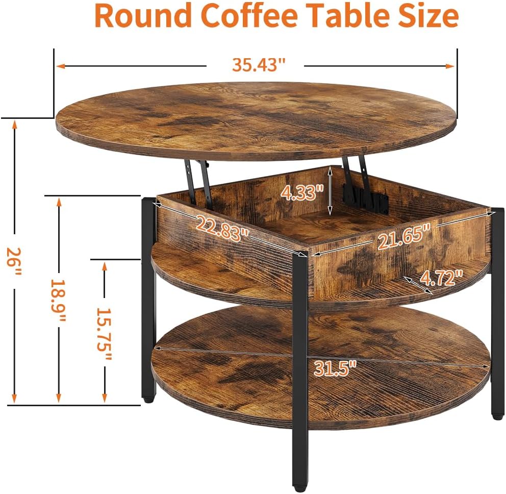 CLATINA Round Lift Top Coffee Table, Farmhouse Wooden Round Coffee Table with Storage and Hidden Compartment for Living Room Home Office Round Center Tables, 35.43 in(Rustic Brown)