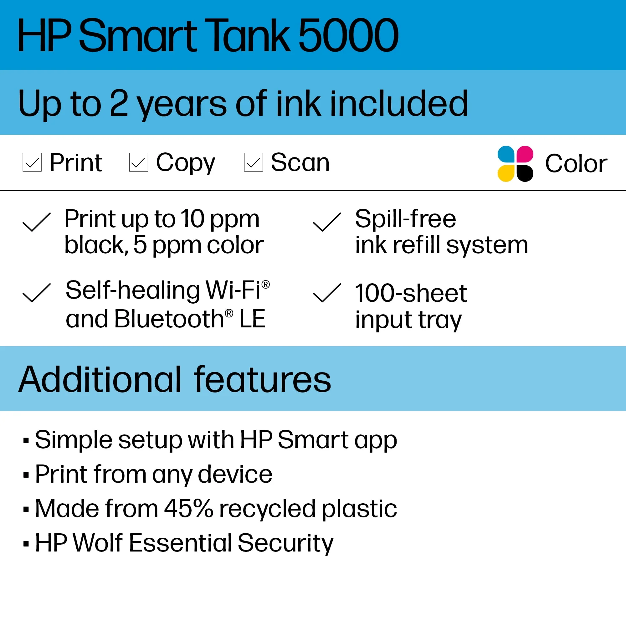HP Smart Tank 5000 Wireless All-in-One Supertank Color Home Inkjet Printer with up to 2 Years of Ink