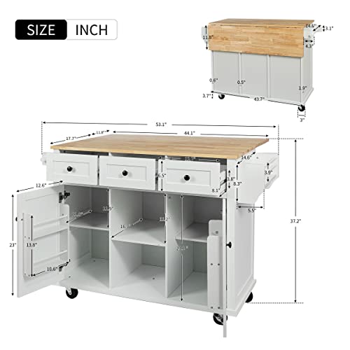 Kitchen Island with Storage, Rolling Kitchen Cart on Wheels with 3 Drawers and Internal Storage Racks, Rolling Mobile Portable Kitchen Cart with Drop-Leaf Countertop and Spice Rack (Black)