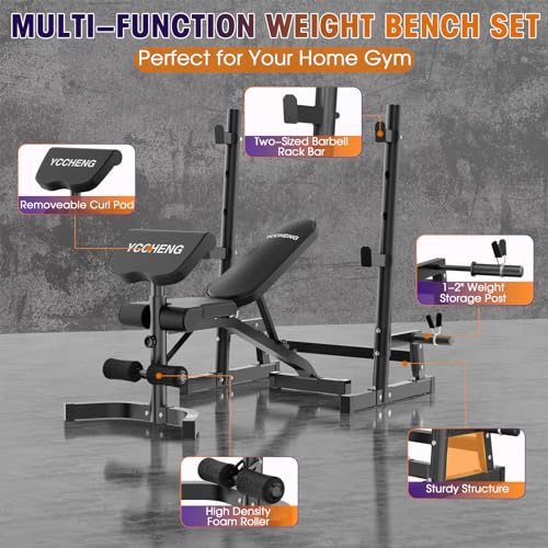 Muti-functional Adjustable Weight Bench/Workout Bench with Barbell Rack Set for Home Gym, Upright Incline Flat Exercise Benches with Preacher Pad