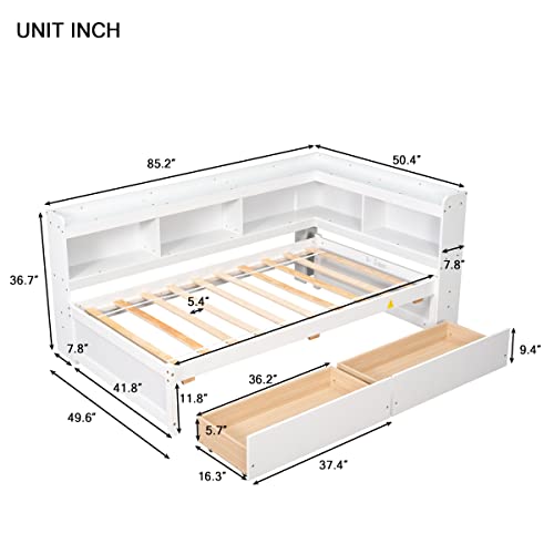 Twin Size Platform Bed with L-shaped Bookcase Headboard and 2 Storage Drawers, Pine Wood Daybed Captains Bed with Bookshelf for Kids Boys Girls, White