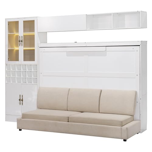 Merax Queen Size Murphy Bed Wall Bed with Sofa, Shelves, USB & Light - Space Saving Foldable Bed for Small Apartments, Grey