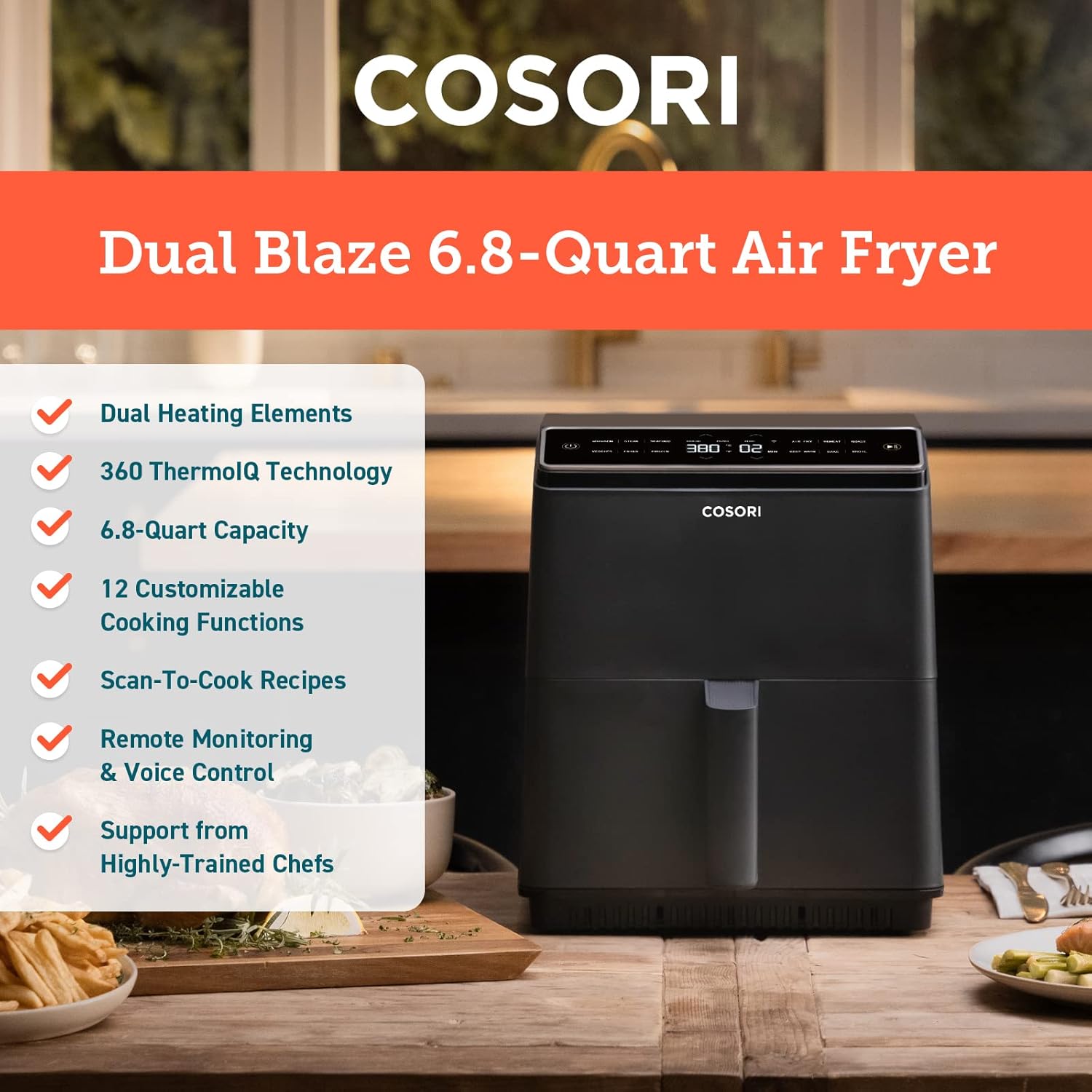 COSORI Air Fryer 6.8Qt, Dual Blaze with 360 ThermoIQ Tech - Using Upper and Lower Heating Elements for Precise Temperature Control and Even Cooking Results, No More Shaking & Preheating, Time-Saving