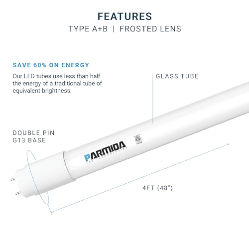 PARMIDA 20-Pack 4FT LED T8 Hybrid Type A+B Light Tube, 24W, Plug & Play or Ballast Bypass, Single-Ended OR Double-Ended Connection, 3000lm, Frosted Cover, T8 T10 T12, ETL - 4000K